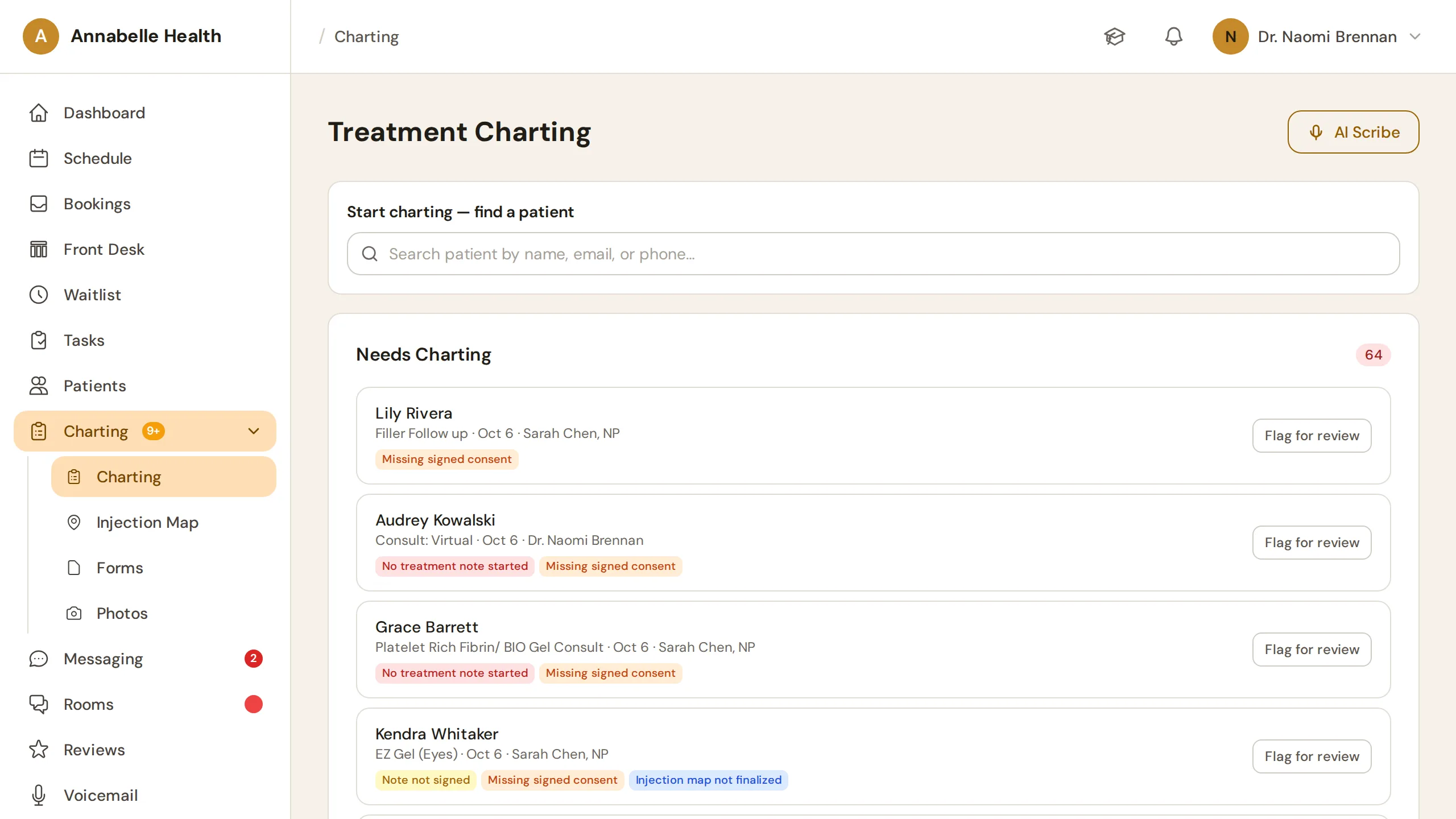 Annabelle Health charting queue flagging missing consents, unsigned notes and open injection maps (sample data)