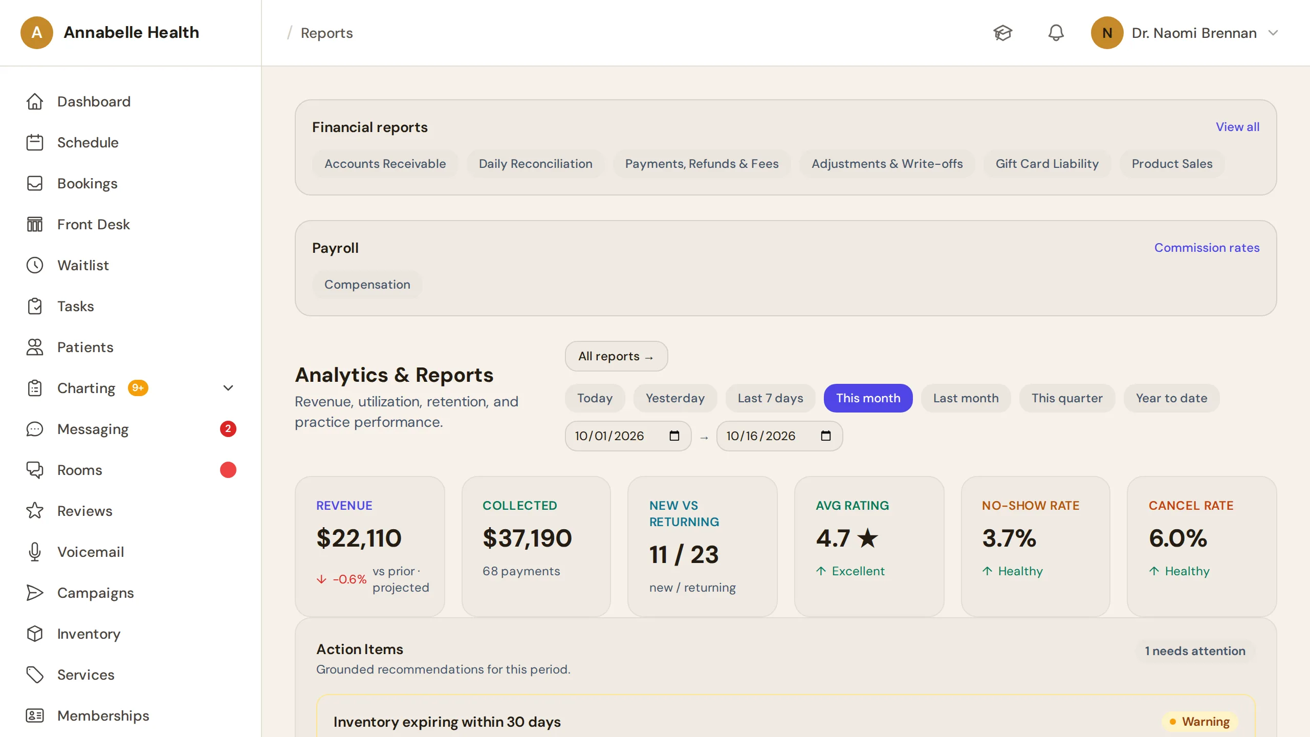 Annabelle Health analytics: revenue, collections, new vs returning, rating, no-show and cancel rates (sample data)
